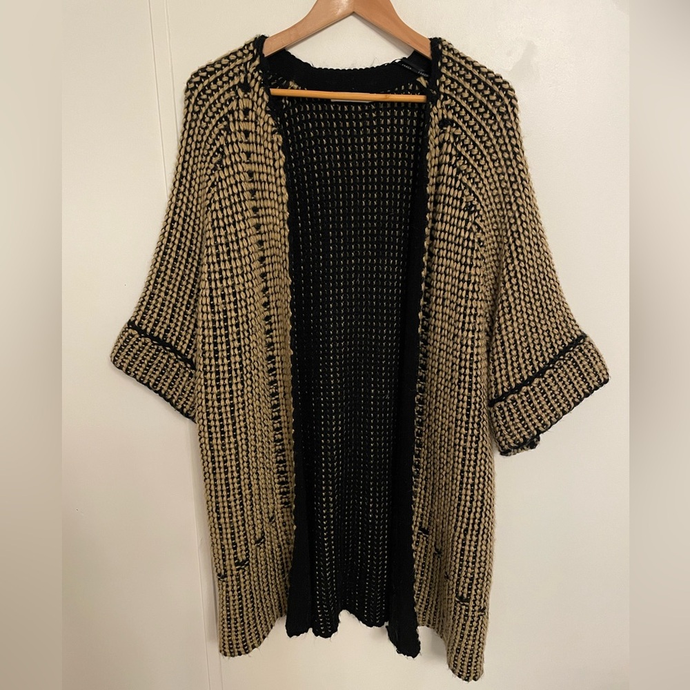 FRNCH Black and Cream 3/4 Sleeve Open Front Cardigan Kimono Size M/L